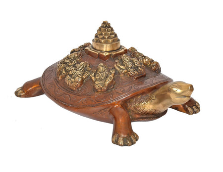 Brass Ashtalakshmi Shree Yantra on Tortoise (Kachua) Figurine | Traditional Vastu Home Decor Accent (Height: 7 Inches)