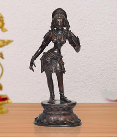 Brass Apsara standing statue, posed hands, detailed face, height 11 in