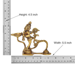 Brass Garun Aarti diya oil wick lamp, 4.5 in height shown with ruler