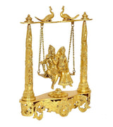 Brass Radha-Krishna swing idol with hanging chains and richly carved base