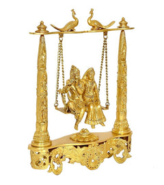 Brass Radha-Krishna swing idol with hanging chains and richly carved base