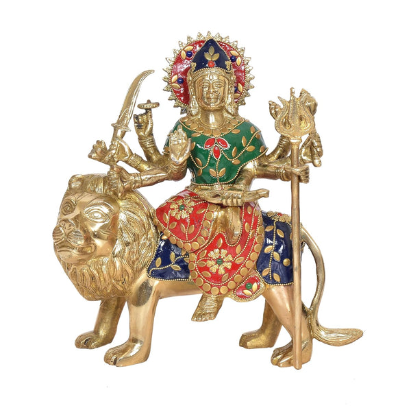 Brass Durga Maa with Lion Idol Hindu Goddess Sherawali MATA Murti MATA Rani Statue Figurine Home Temple (Height: 10 Inch)