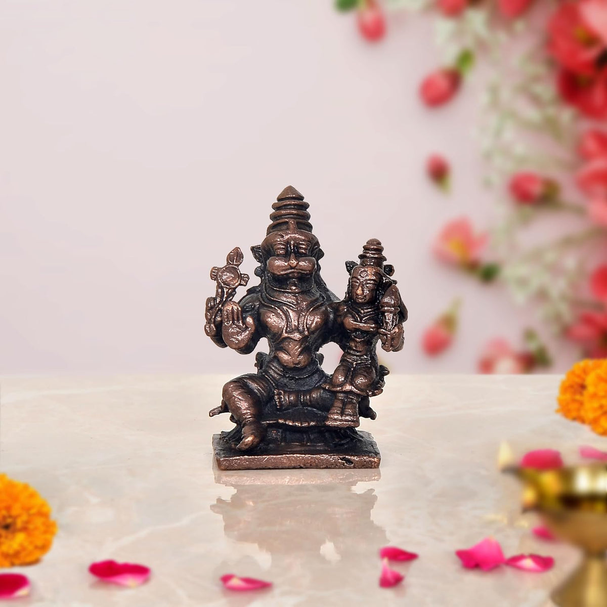 Copper Lakshmi Narasimha idol (2 inch) with two-figure pose and detailed crowns