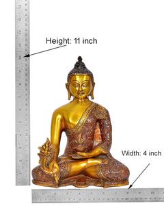 Buddha statue with size chart: Height 11 in, Width 4 in, seated meditation pose