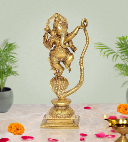 Brass Lord Ganesha Dancing on Serpent Shesha - Hindu Deity Idol for Puja and Gifts (Height 11.5 Inch)