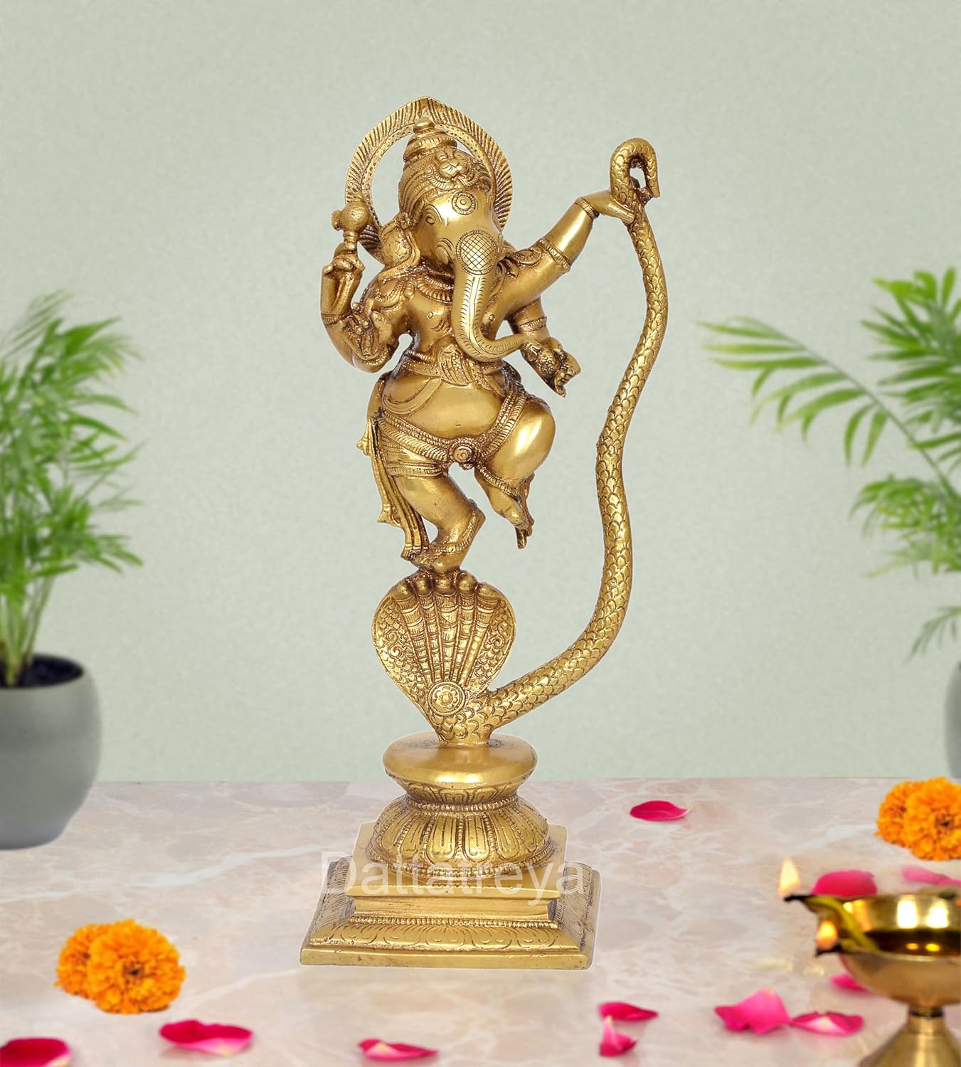 Brass Lord Ganesha Dancing on Serpent Shesha - Hindu Deity Idol for Puja and Gifts (Height 11.5 Inch)