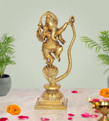 Brass Lord Ganesha dancing on serpent Shesha deity idol, ornate pedestal base