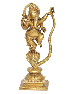 Brass Ganesha dancing idol with arched halo, raised hand, serpent tail on pedestal