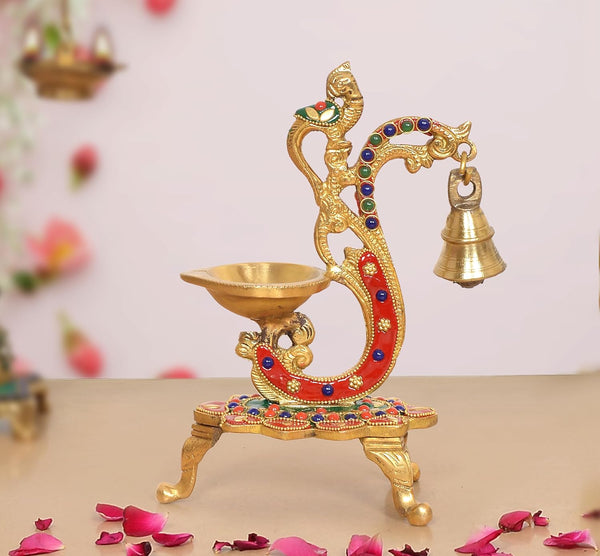 Brass Peacock Diya with Hanging Bell Traditional Oil Lamp (Height: 8 Inch)