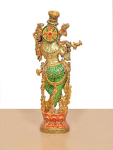 Krishna idol rear view on brass, multicolor Meenakari, decorated back and halo