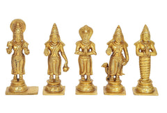 Gold brass Navgraha deity statues, five standing figures with ornate crowns
