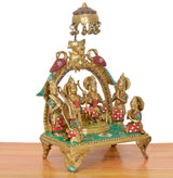 Brass Ram Darbar murti angled view, multicolored red, green, blue detailing