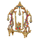 Multicolour Ganesha playing on swing figurine with brass arch and bells