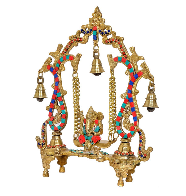 Brass Ganesha Playing On Swing Ganesha Jhula Decorative Showpiece Multicolour for Home Decor Mandir Pooja Temple (Height 14 Inch) Study Setting
