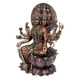 Resin Gayatri Mata statue seated on lotus, richly decorated robe, raised hands and trident