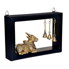 Brass Shiv Nandi wall hanging idol with bell chains and framed display, 9-inch
