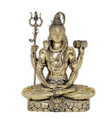 Brass Lord Shiva statue seated, trident raised and drum accessory, ornate jewelry, 5 in