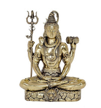 Brass Lord Shiva statue seated, trident raised and drum accessory, ornate jewelry, 5 in