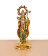 Ram ji standing metal statue with sunburst halo, front view, on lotus pedestal