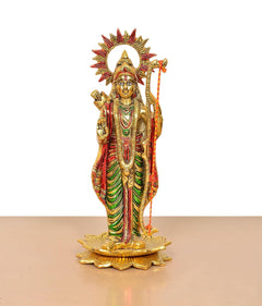 Ram ji standing metal statue with sunburst halo, front view, on lotus pedestal