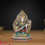 Tara Devi Messingstatue, silberner Look, farbige Steine, sitzend, Meditationspose