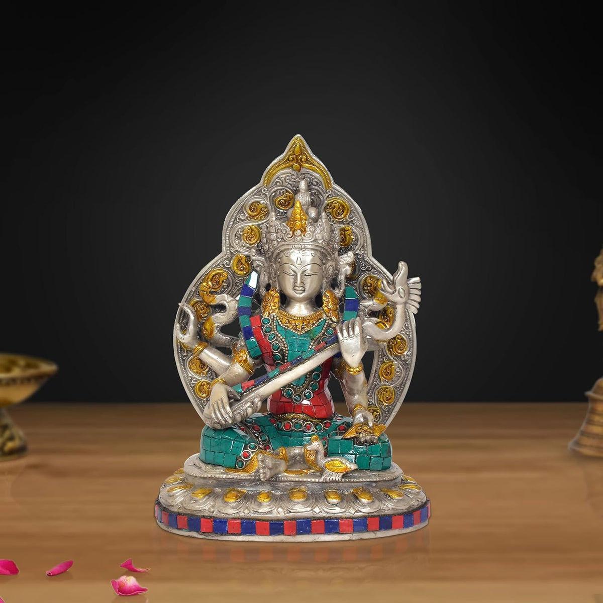 Tara Devi Messingstatue, silberner Look, farbige Steine, sitzend, Meditationspose