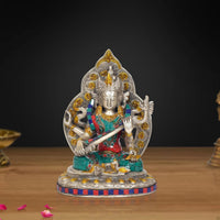 Tara Devi Messingstatue, silberner Look, farbige Steine, sitzend, Meditationspose