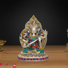 Tara Devi Messingstatue, silberner Look, farbige Steine, sitzend, Meditationspose