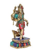 Brass Ardhnari idol in profile, teal upper garment and red lower cloth, on blue base