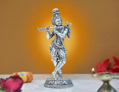 Lord Krishna brass figurine playing flute, detailed jewelry and crown