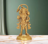 Brass Hanuman Ji standing statue, golden finish, 9-inch height, full view.