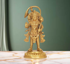 Brass Hanuman Ji standing statue, golden finish, 9-inch height, full view.