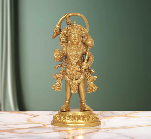 Brass Hanuman Ji Standing Statue (Height: 9 Inch) (Golden)