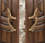 Brass peacock design door handle pair, curved necks and round lever knobs, pack of 2
