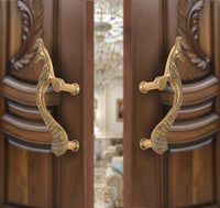 Brass peacock design door handle pair, curved necks and round lever knobs, pack of 2