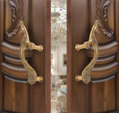 Brass peacock design door handle pair, curved necks and round lever knobs, pack of 2