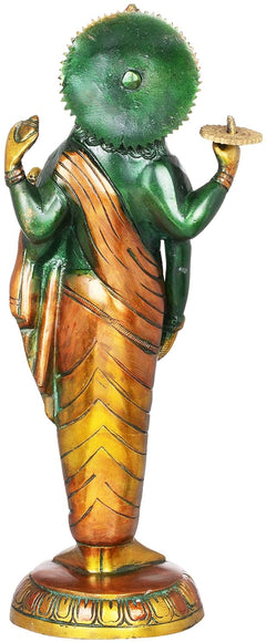 Brass Dhanvantari statue back view, green skin, gold sash and halo detail