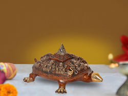 Brass Ashtalakshmi Shree Yantra on Tortoise Figurine Kachua Unique Home Decor Vastu Accent (Height: 6.5 inch)