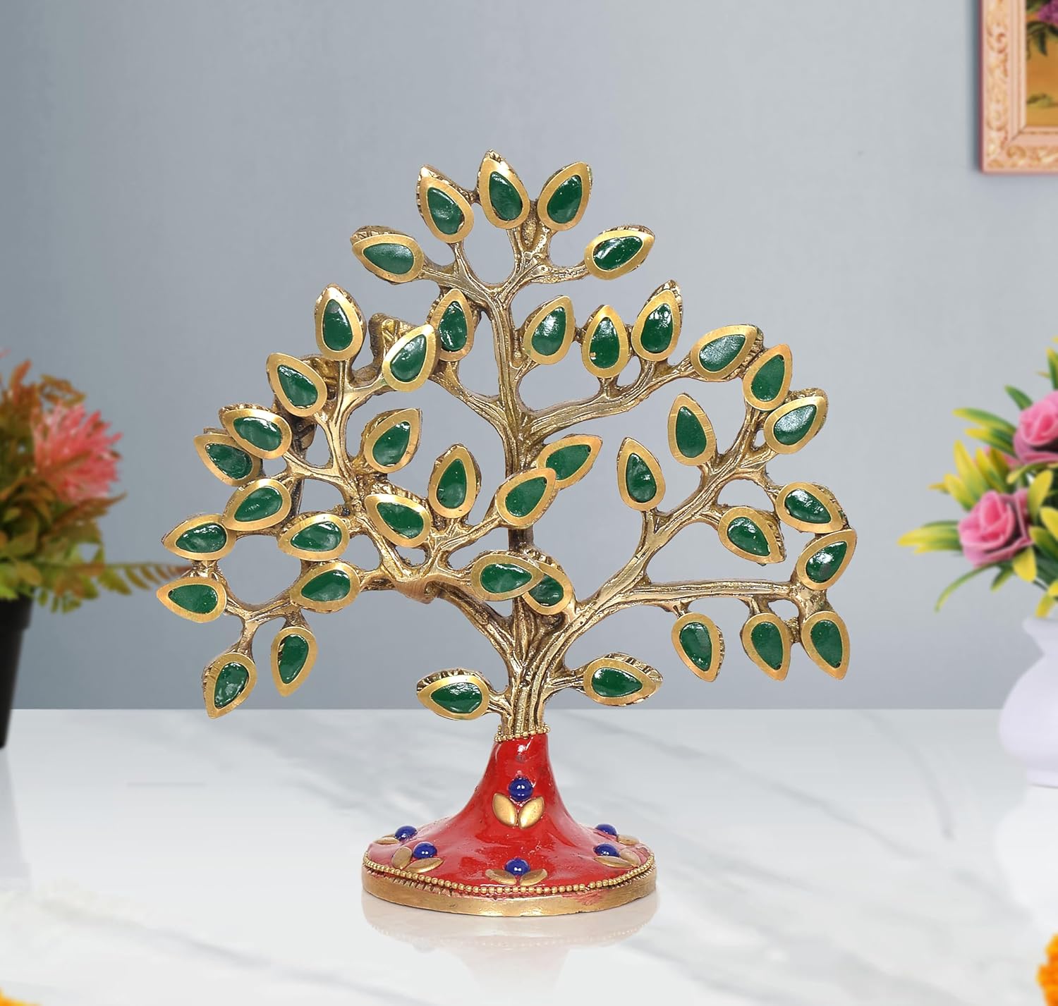 Brass Kalpavriksha Tree Table Standing with Stonework for Home Decor and Ofice Teble Decor Figurine (Height: 6 inch) (Multicolor 3)