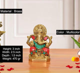 Brass Ganpati Bappa murti, multicolor jeweled outfit, 3 inch height
