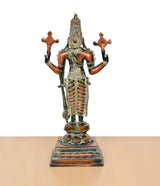 Rear view of brass Vishnu standing idol, four arms and embellished crown above pedestal
