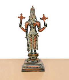 Rear view of brass Vishnu standing idol, four arms and embellished crown above pedestal