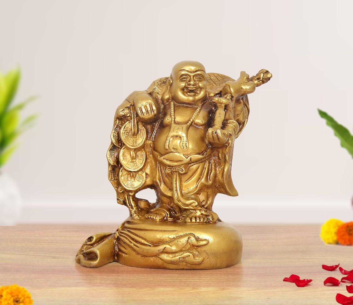 AONA Brass Laughing Buddha Standing Statue Happy Man for Good Luck