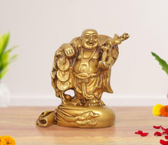 Brass laughing Buddha standing statue, happy face, holding coins, 6 inch