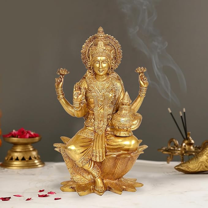 Brasss Lakshmi Statue Idol On Lotus for Temple Diwali | Height : 11.5 Inches Craft Detail