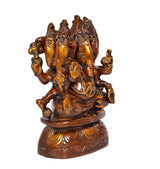 Brass Panchmukhi Ganesha idol angled view, sculpted hair and hands, 8 inch