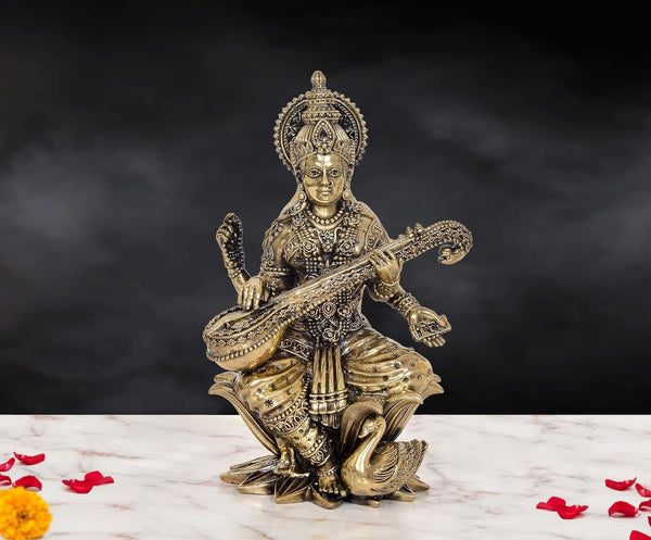 Superfine Brass Maa Saraswati Idol Sitting on Lotus (Height:10 Inch) Mandir Setting