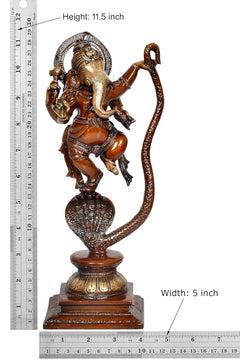 Ganesha idol on serpent Shesha with size markings: height 11.5 in, width 5 in