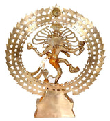 Brass Nataraj idol rear view, circular ornate halo ring with detailed figure