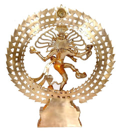 Brass Nataraj idol rear view, circular ornate halo ring with detailed figure
